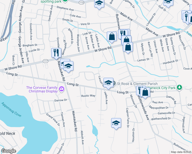 map of restaurants, bars, coffee shops, grocery stores, and more near 180 Long View Drive in Warwick