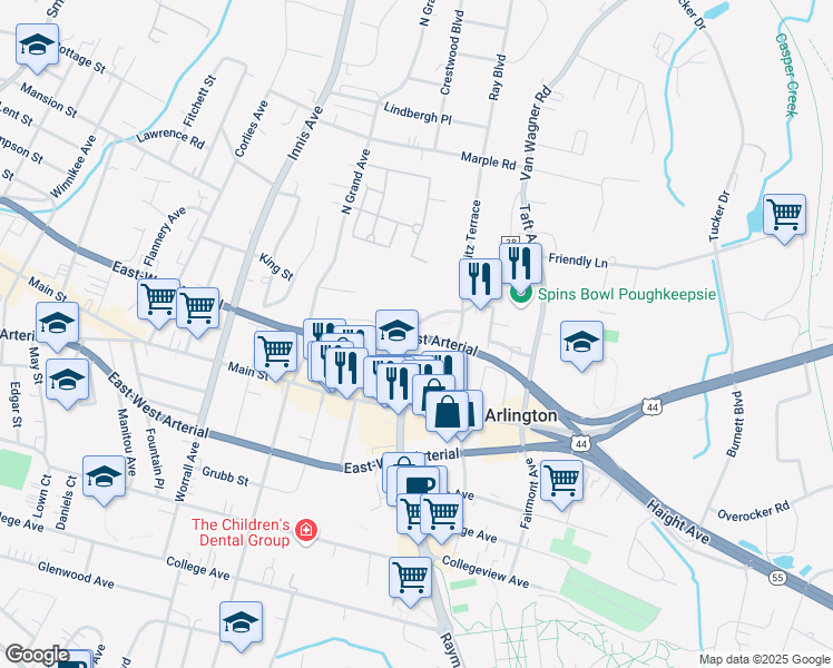 map of restaurants, bars, coffee shops, grocery stores, and more near 52 Springside Avenue in Arlington