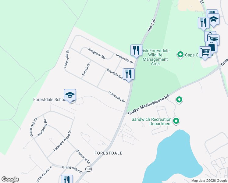 map of restaurants, bars, coffee shops, grocery stores, and more near 81 Greenville Drive in Sandwich