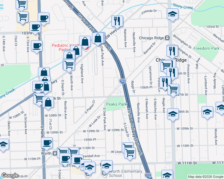 map of restaurants, bars, coffee shops, grocery stores, and more near 6731 106th Place in Chicago Ridge