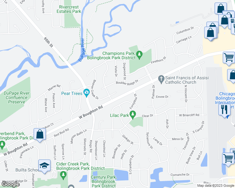 map of restaurants, bars, coffee shops, grocery stores, and more near 8 Beaver Creek Court in Bolingbrook