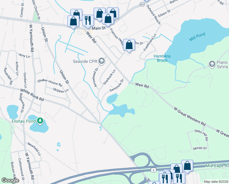 map of restaurants, bars, coffee shops, grocery stores, and more near 48 Seminole Drive in Yarmouth