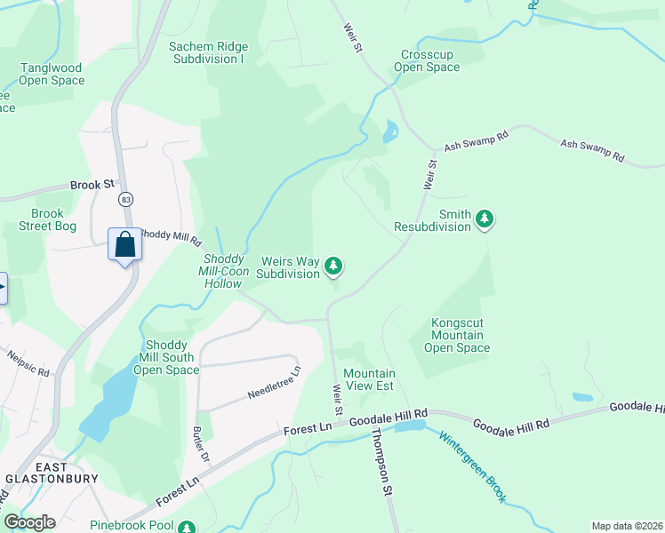 map of restaurants, bars, coffee shops, grocery stores, and more near 497 Weir Street in Glastonbury
