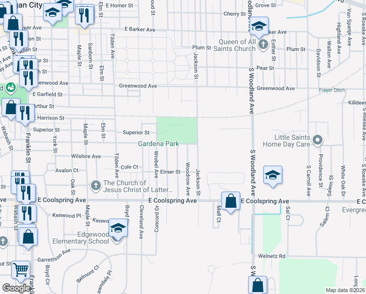 map of restaurants, bars, coffee shops, grocery stores, and more near 1100-1198 Gardena Street in Michigan City