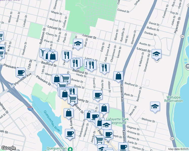 map of restaurants, bars, coffee shops, grocery stores, and more near 1115 Bedford Street in Fall River