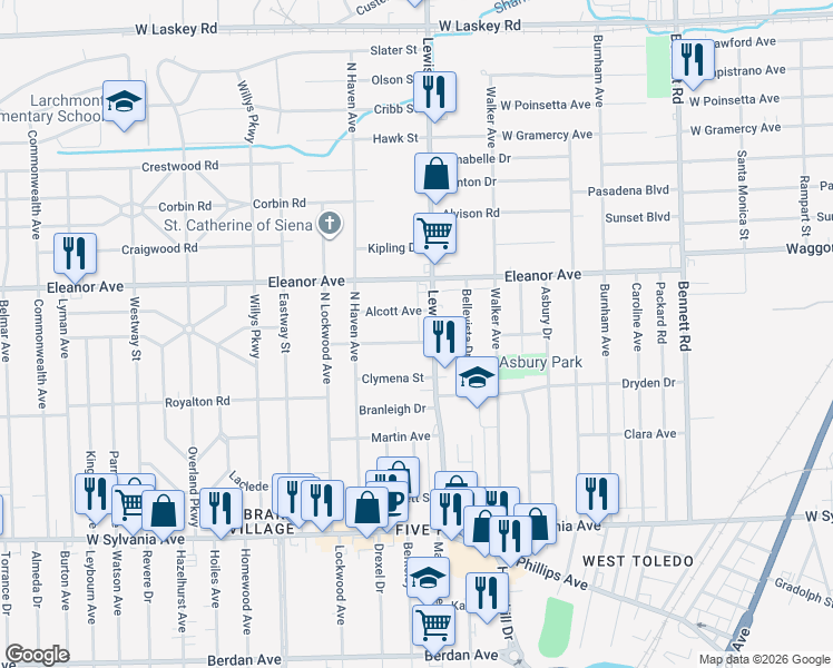 map of restaurants, bars, coffee shops, grocery stores, and more near 1016 McDonald Street in Toledo