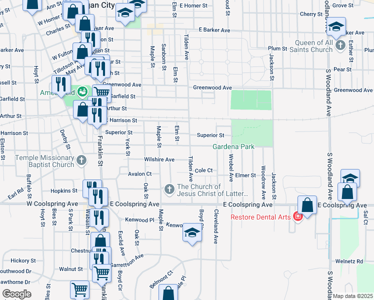map of restaurants, bars, coffee shops, grocery stores, and more near 601-699 Gardena St in Michigan City