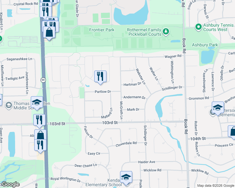 map of restaurants, bars, coffee shops, grocery stores, and more near 11S634 McGrath Lane in Naperville