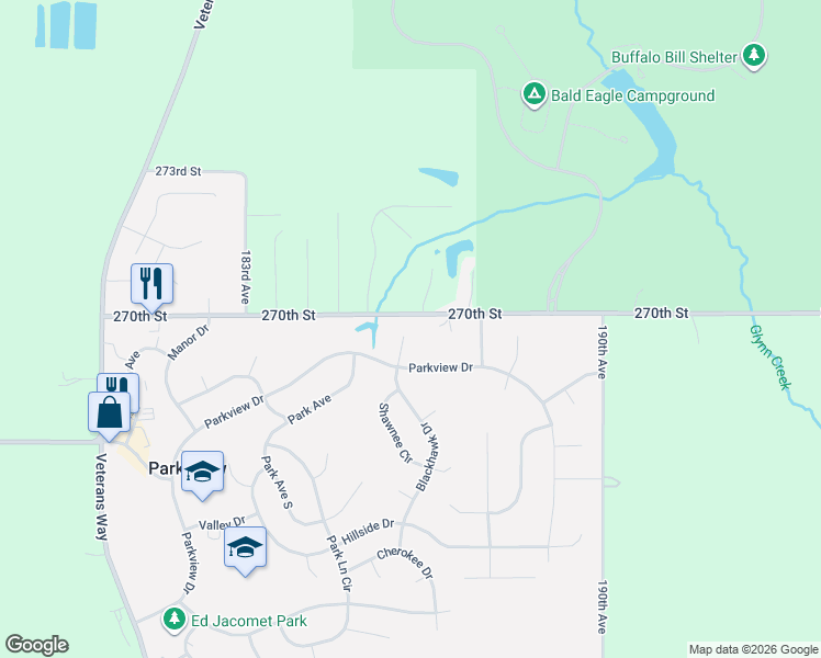 map of restaurants, bars, coffee shops, grocery stores, and more near 2 Blackhawk Drive in Eldridge