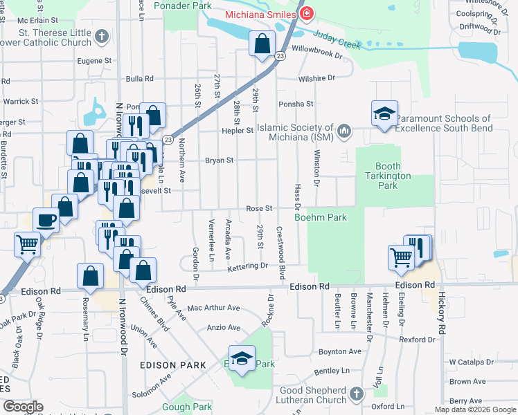 map of restaurants, bars, coffee shops, grocery stores, and more near 54572-54798 N 29th St in South Bend