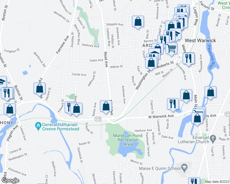 map of restaurants, bars, coffee shops, grocery stores, and more near 21 Rathbun Street in Coventry