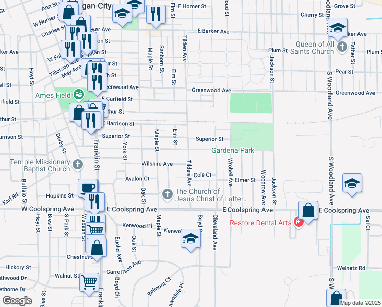 map of restaurants, bars, coffee shops, grocery stores, and more near 601 Gardena Street in Michigan City
