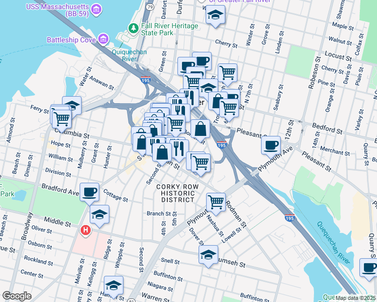 map of restaurants, bars, coffee shops, grocery stores, and more near 252 Third Street in Fall River