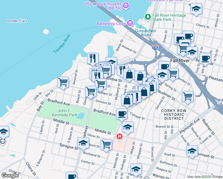 map of restaurants, bars, coffee shops, grocery stores, and more near 257 Hope Street in Fall River