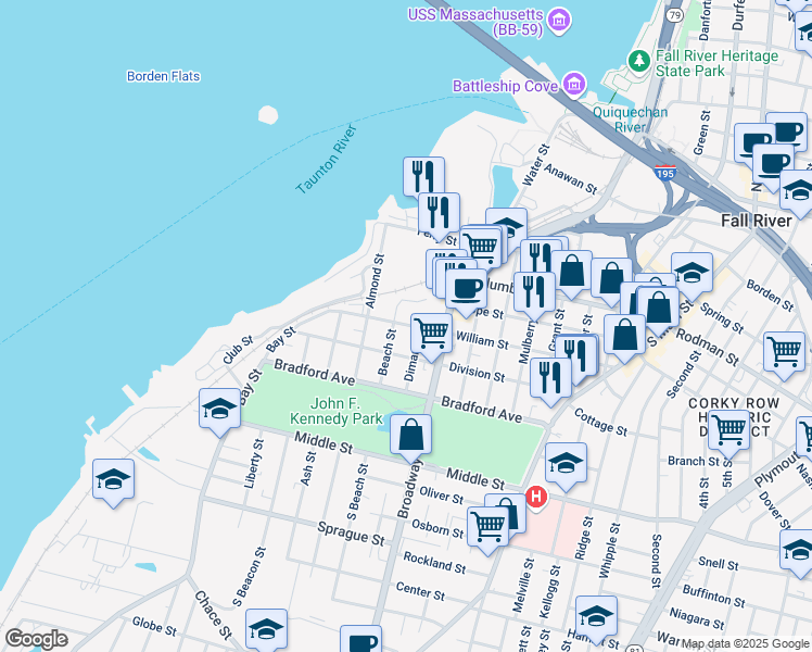 map of restaurants, bars, coffee shops, grocery stores, and more near 170 William Street in Fall River