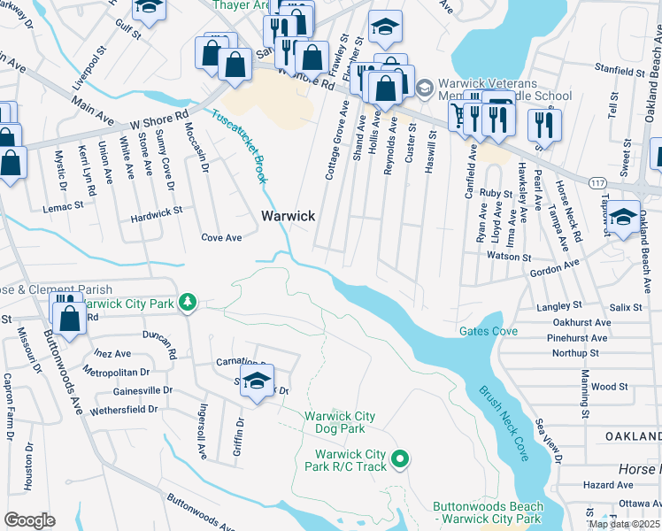 map of restaurants, bars, coffee shops, grocery stores, and more near 203 Shand Avenue in Warwick