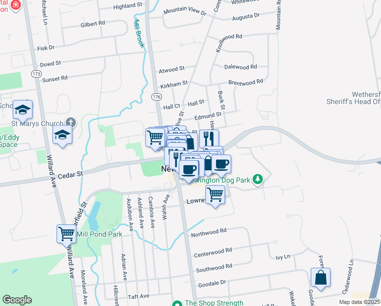 map of restaurants, bars, coffee shops, grocery stores, and more near 44 East Cedar Street in Newington