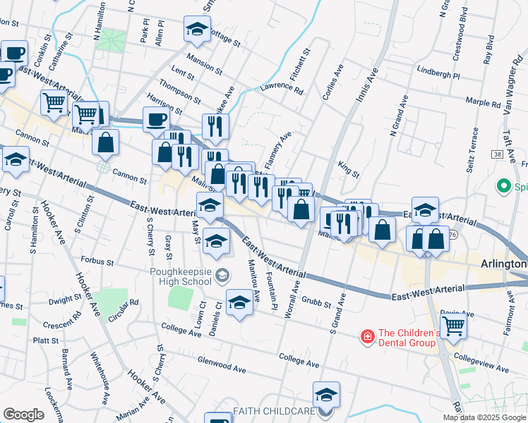 map of restaurants, bars, coffee shops, grocery stores, and more near 10 Corlies Avenue in Poughkeepsie