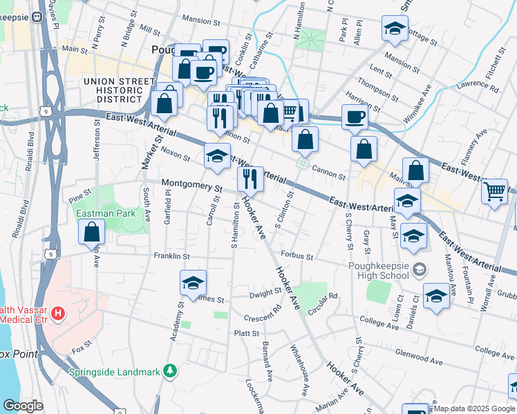 map of restaurants, bars, coffee shops, grocery stores, and more near 6 Hooker Avenue in Poughkeepsie