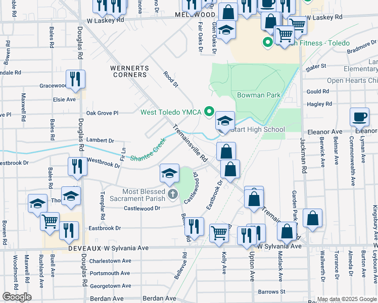 map of restaurants, bars, coffee shops, grocery stores, and more near 2067 Tremainsville Road in Toledo