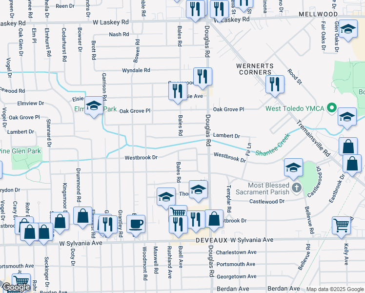 map of restaurants, bars, coffee shops, grocery stores, and more near 2611 Lambert Drive in Toledo