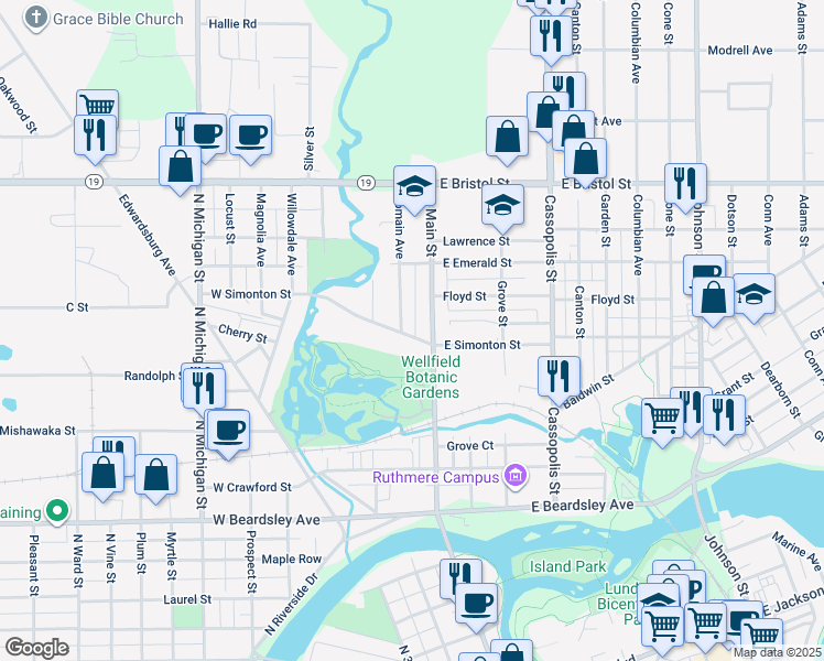 map of restaurants, bars, coffee shops, grocery stores, and more near 1219 North Main Street in Elkhart