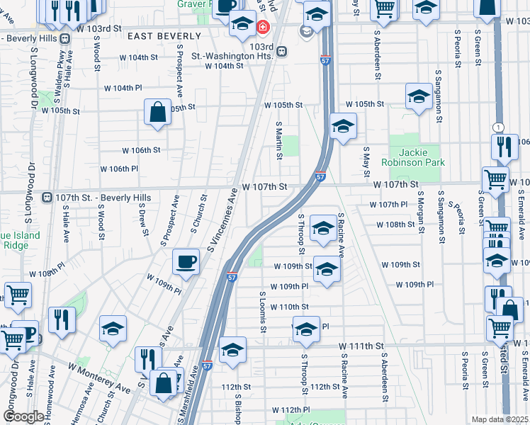 map of restaurants, bars, coffee shops, grocery stores, and more near 1359 West 107th Place in Chicago