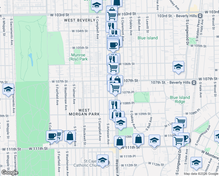 map of restaurants, bars, coffee shops, grocery stores, and more near 10717 South Artesian Avenue in Chicago