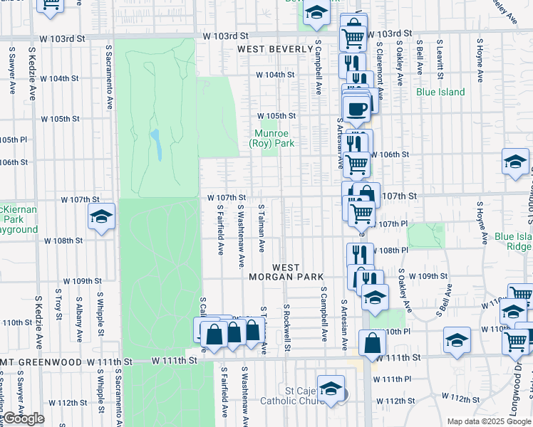 map of restaurants, bars, coffee shops, grocery stores, and more near 10717 South Talman Avenue in Chicago