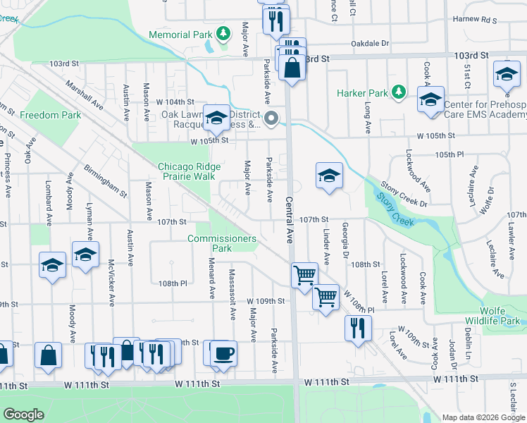 map of restaurants, bars, coffee shops, grocery stores, and more near 10639 Parkside Avenue in Chicago Ridge