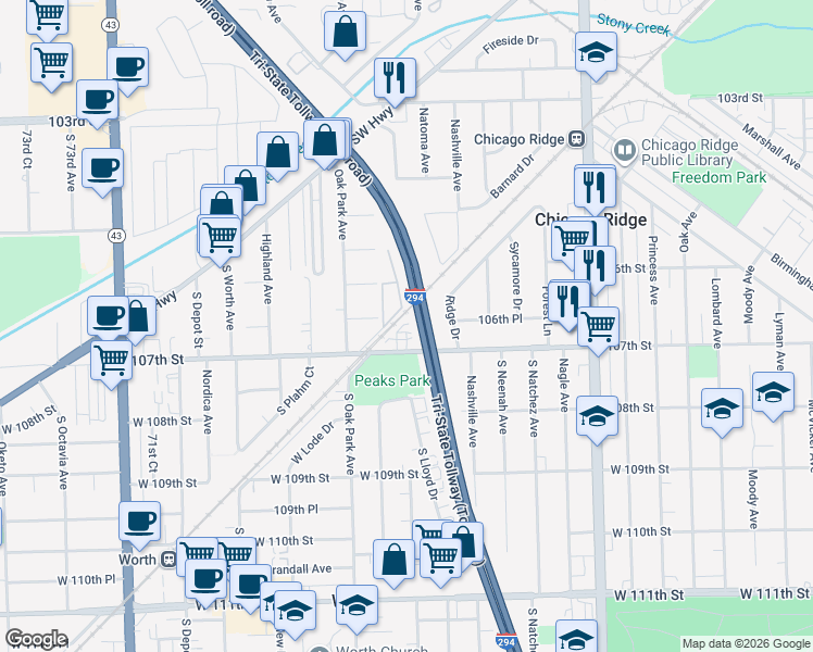 map of restaurants, bars, coffee shops, grocery stores, and more near 6708 107th Street in Chicago Ridge