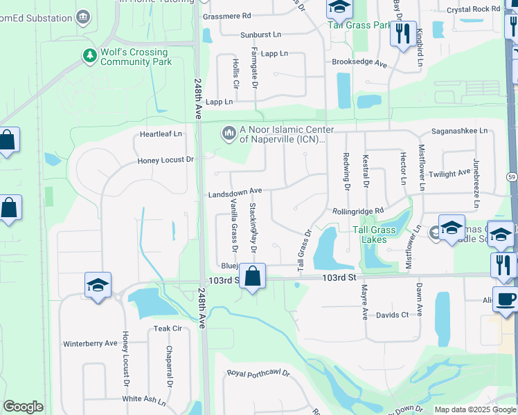 map of restaurants, bars, coffee shops, grocery stores, and more near 3511 Sweet Maggie Lane in Naperville