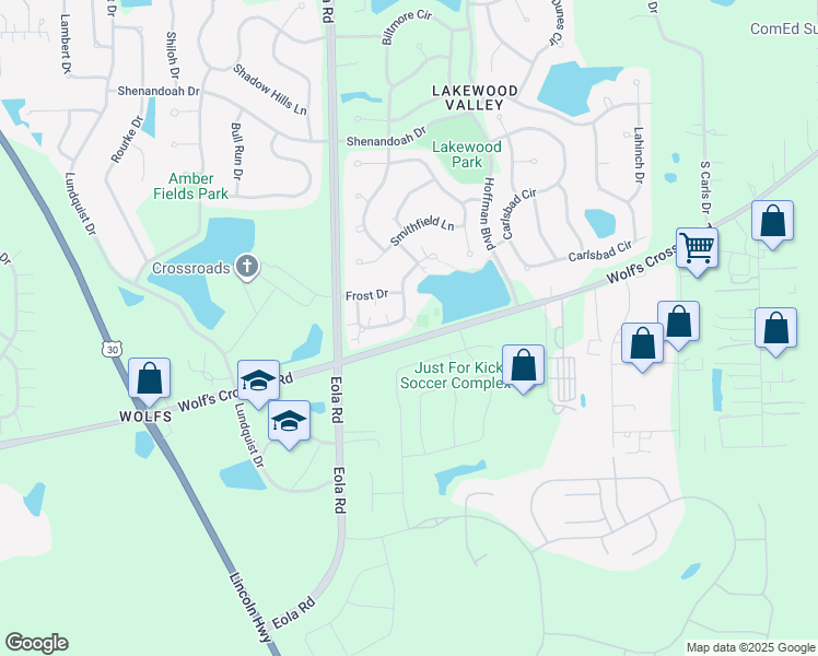 map of restaurants, bars, coffee shops, grocery stores, and more near 2521 Dickens Drive in Aurora