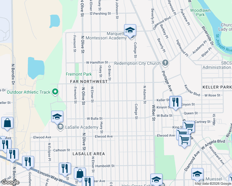 map of restaurants, bars, coffee shops, grocery stores, and more near 1734 O Brien Street in South Bend