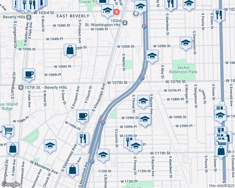map of restaurants, bars, coffee shops, grocery stores, and more near 1359 West 107th Place in Chicago
