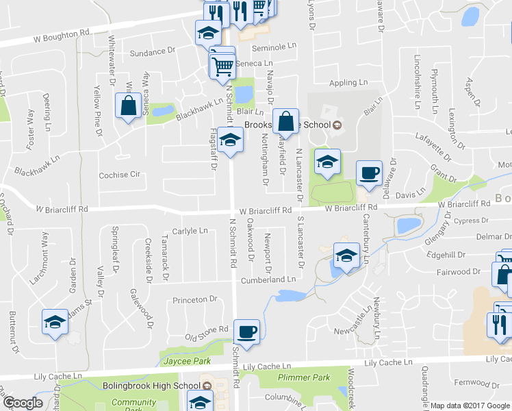 map of restaurants, bars, coffee shops, grocery stores, and more near 440 West Briarcliff Road in Bolingbrook