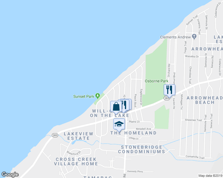 map of restaurants, bars, coffee shops, grocery stores, and more near 38383 Beachview Road in Willoughby