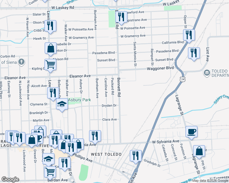 map of restaurants, bars, coffee shops, grocery stores, and more near 4402 Caroline Avenue in Toledo