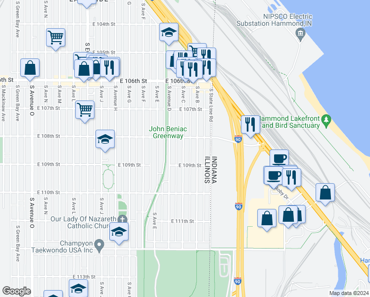 map of restaurants, bars, coffee shops, grocery stores, and more near 10819 South Avenue C in Chicago