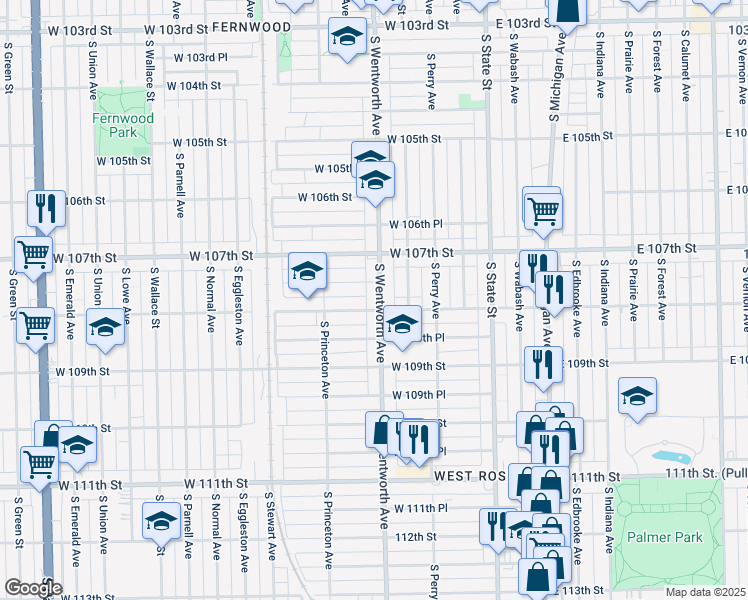 map of restaurants, bars, coffee shops, grocery stores, and more near 10750 South Wentworth Avenue in Chicago