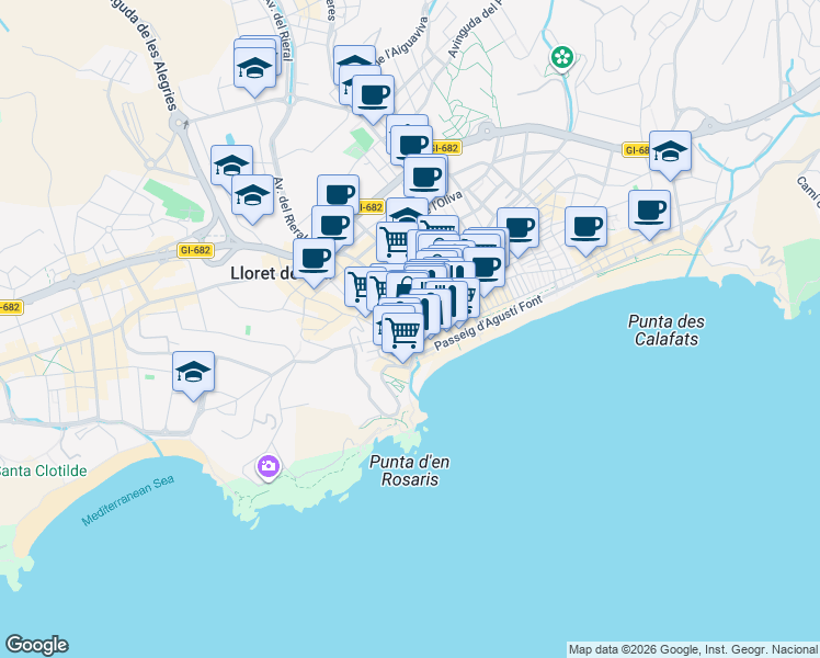 map of restaurants, bars, coffee shops, grocery stores, and more near 18 Avinguda Just Marlés Vilarrodona in Lloret de Mar
