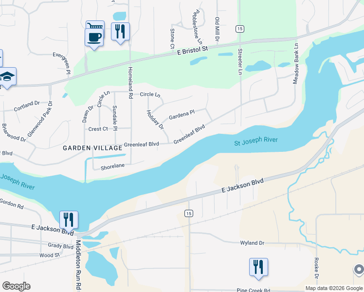 map of restaurants, bars, coffee shops, grocery stores, and more near 23042 Greenleaf Blvd in Elkhart