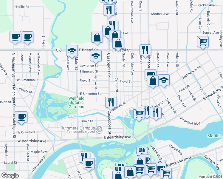 map of restaurants, bars, coffee shops, grocery stores, and more near 1217 Canton Street in Elkhart