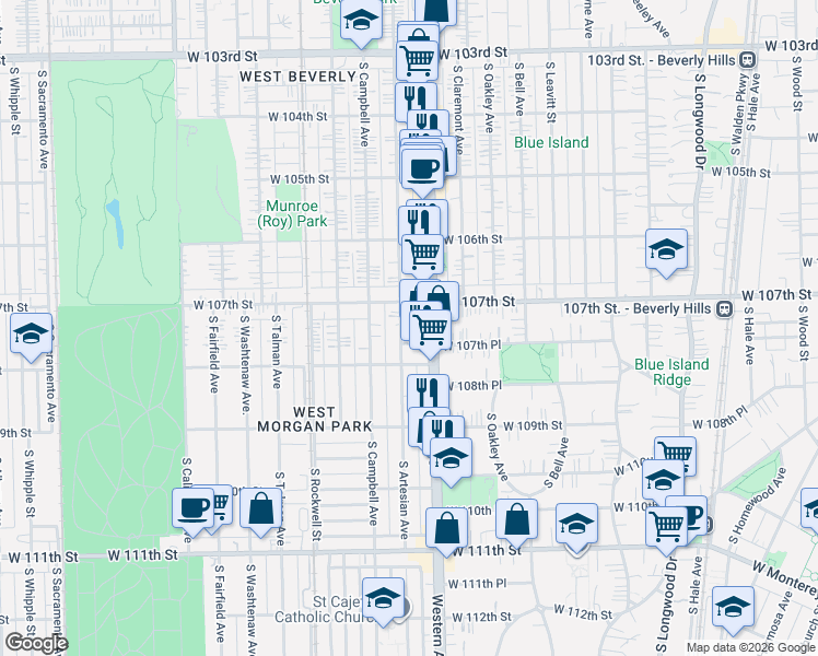 map of restaurants, bars, coffee shops, grocery stores, and more near 10717 South Artesian Avenue in Chicago