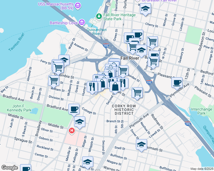 map of restaurants, bars, coffee shops, grocery stores, and more near 307 S Main St in Fall River