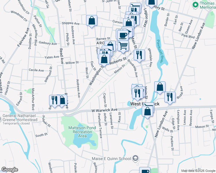 map of restaurants, bars, coffee shops, grocery stores, and more near 34 Standard Avenue in West Warwick