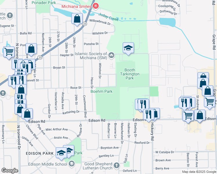 map of restaurants, bars, coffee shops, grocery stores, and more near 1240 Sterling Drive in South Bend