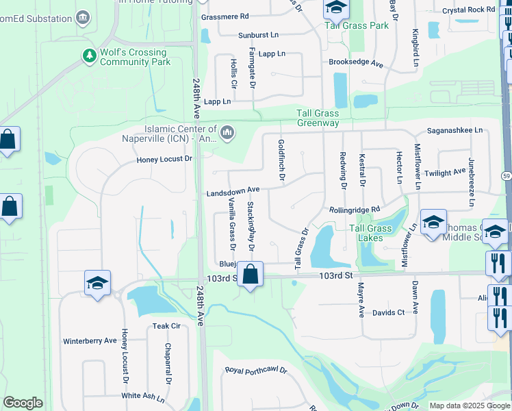map of restaurants, bars, coffee shops, grocery stores, and more near 3511 Sweet Maggie Lane in Naperville