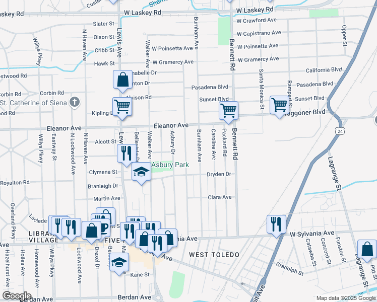 map of restaurants, bars, coffee shops, grocery stores, and more near 4354 Vermaas Avenue in Toledo