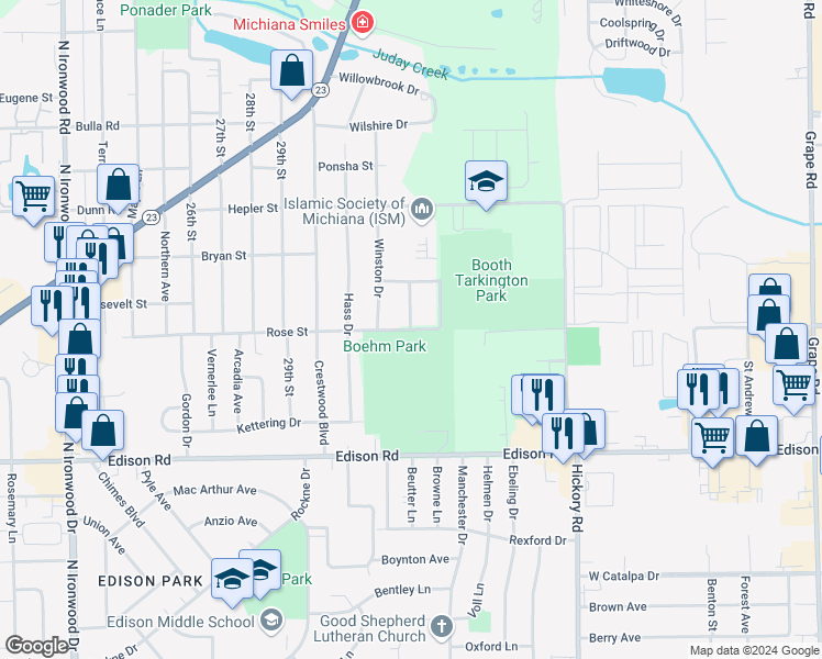 map of restaurants, bars, coffee shops, grocery stores, and more near 1240 Sterling Drive in South Bend